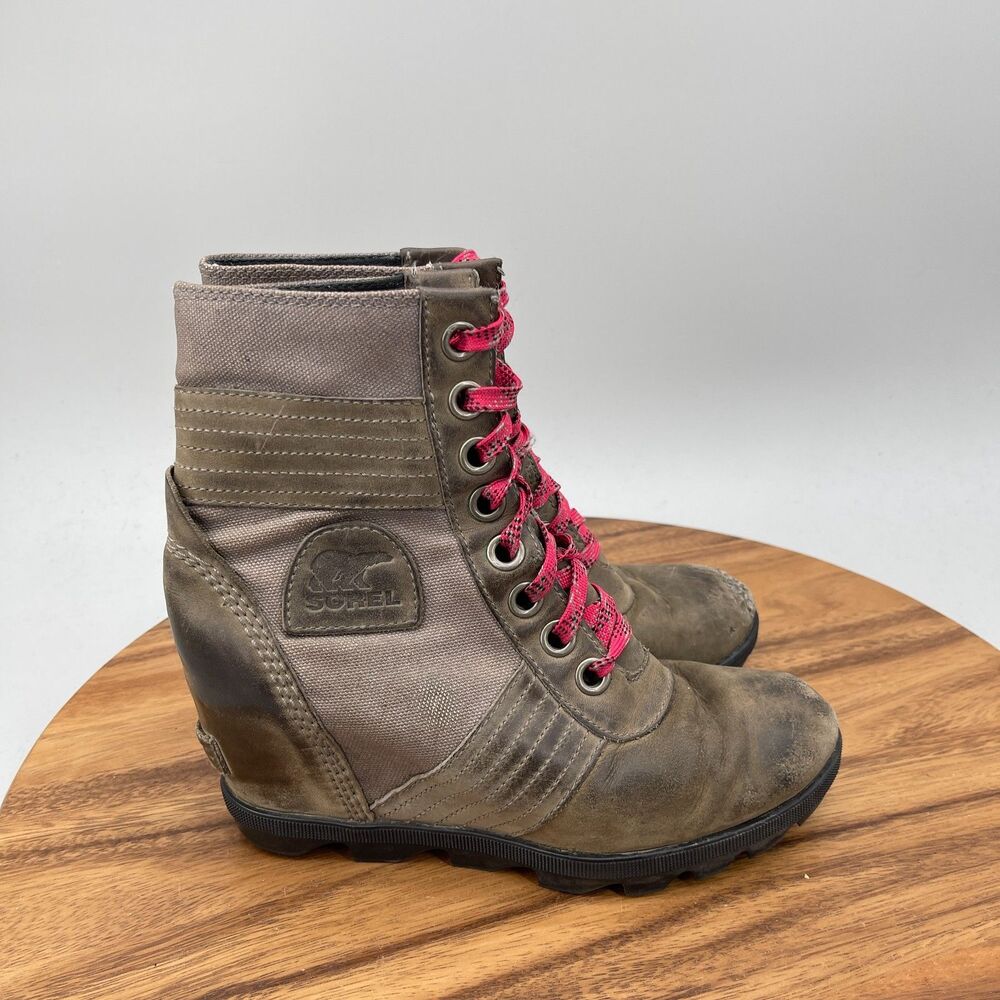 Sorel Lexie Boots Womens Size 6.5 Brown Leather Hidden Wedge Ankle Casual